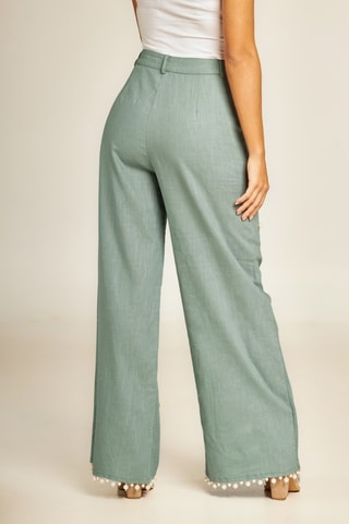 ##Pantalon large en ramie taille haute - Vert olive