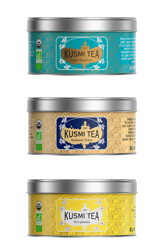 Té negro Kashmir Tchaï ecológico - 20 g, Té verde jazmín ecológico - Miniatura 20 g y Té Label Imperial ecológico - Naranja, canela, cardamomo y jengibre - Lata de metal - 20 g