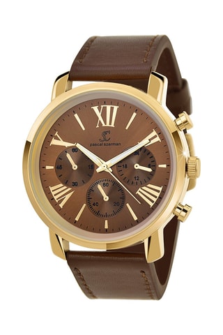 Montre à quartz en cuir - Chronographe - Marron et doré