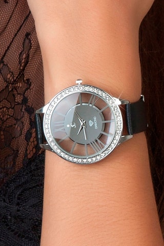 Montre à quartz en cuir, diamant et cristaux de Bohème