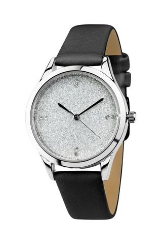 Montre à quartz en cuir et cristaux de Bohème - Noir et argenté