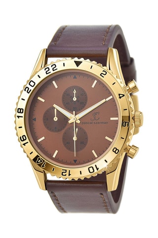 Montre à quartz en cuir Pascal Szerman - Marron - Chronographe et tachymètre