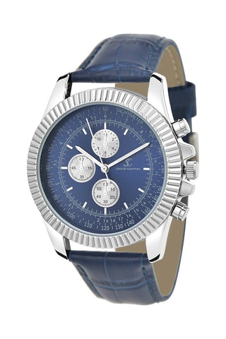 Montre à quartz en cuir - Chronographe et tachymètre - Bleu marine et argenté