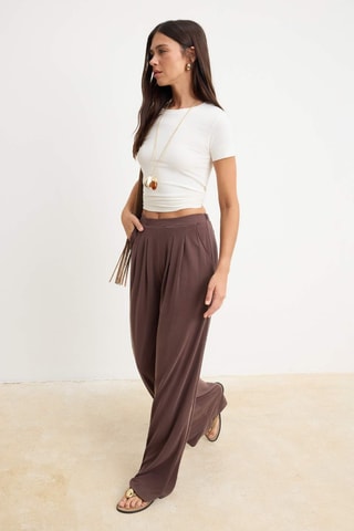 Pantalon wide legs taille haute - Marron