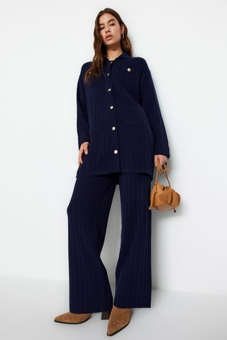 Gilet long et pantalon wide legs taille haute - Bleu