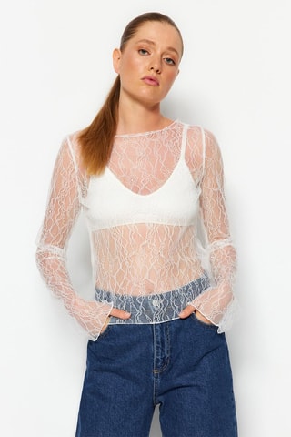 Blusa regular fit de encaje - Blanco