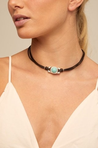 Ketting met Meerdere Rijen - Leer, Doublé Zilver en Vergulde Parel