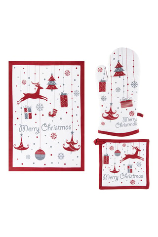 Keukenset Merry Christmas - 3-delig - Wit, grijs en rood