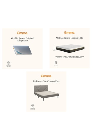 Ensemble lit Emma Cocoon Plus Emma avec tête de lit - Gris - 160 x 200 cm, 	Matelas Emma Original Elite - 160 x 200 cm et 2 Oreillers Emma Original Adapt Elite - Blanc - 40 x 70 cm