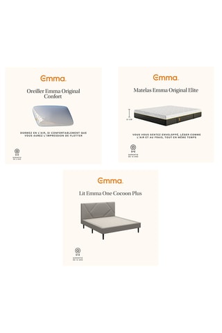 Ensemble lit Emma Cocoon Plus Emma avec tête de lit - Gris - 160 x 200 cm, Matelas Emma Original Elite - 160 x 200 cm et 2 Oreillers Emma Original Adapt Elite - Blanc - 40 x 70 cm