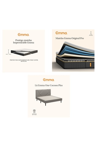 Ensemble lit Emma Cocoon Plus Emma avec tête de lit - Gris - 140 x 190 cm, 	Matelas Emma Original Pro - 27 cm - 140 x 190 cm et Protège-matelas Emma Imperméable - 140 x 190 cm