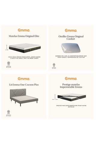 	Ensemble lit Emma Cocoon Plus Emma avec tête de lit - Gris - 180 x 200 cm, Matelas Emma Original Elite - 180 x 200 cm, Oreiller Emma Original Confort Elite - Blanc - 40 x 70 cm et 	Protège-matelas Emma Imperméable - 180 x 200 cm