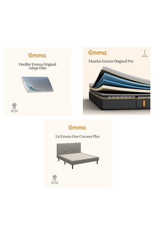 	Ensemble lit Emma Cocoon Plus Emma avec tête de lit - Gris - 160 x 200 cm, 	Matelas Emma Original Pro - 27 cm - 160 x 200 cm et 	Oreiller Emma Original Adapt Elite - Blanc - 40 x 70 cm