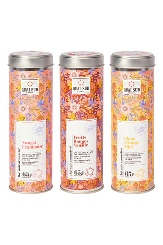 Thé noir figue, orange et miel - 75 g, 	Thé noir aromatisé saveurs fruits rouges vanille - 75 g et Thé noir nougat et framboise - 75 g