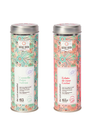 Thé vert aromatisé éclats de roses et cerise - 65 g et Thé vert Cannelle poire safran - 65 g