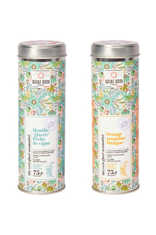 	Thé vert orange sanguine et mangue - 65 g et 	Thé vert pêche de vigne et menthe glacée - 65 g
