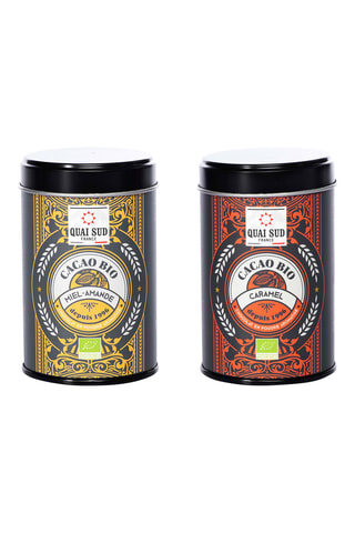 	Cacao aromatisé au caramel bio 250 g et 	Cacao aromatisé miel-amande bio 250 g