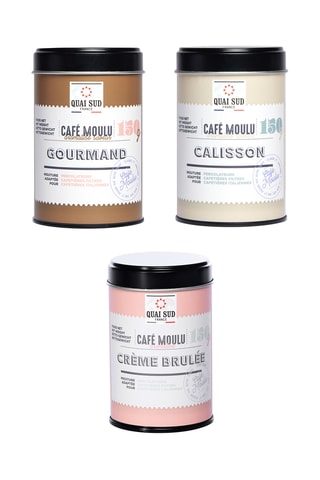 Café moulu aromatisé calisson - 150 g, 	Café moulu aromatisé crème brûlée - 150 g et Café moulu aromatisé biscuit - 150 g