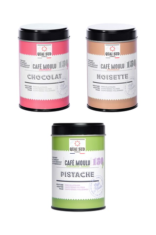 	Café moulu aromatisé chocolat - 150 g, 	Café moulu aromatisé noisette - 150 g et 	Café moulu aromatisé pistache - 150 g