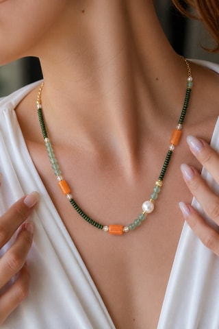 Collana - Placcato oro giallo, giade e perle coltivate