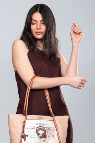 Sac porté épaule - Beige, marron et rouge