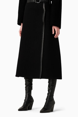 Jupe midi en laine vierge taille haute - Noir