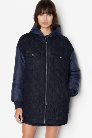 Doudoune bi-matière à capuche - Indigo