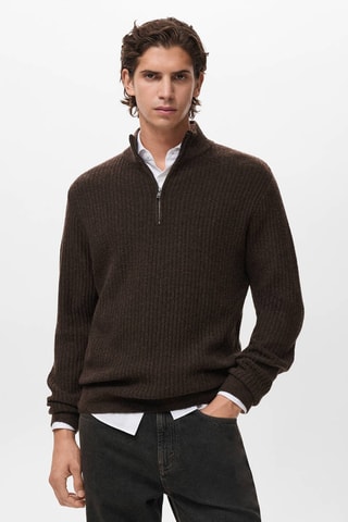 Pull-over maille côtelée col zippé - Marron