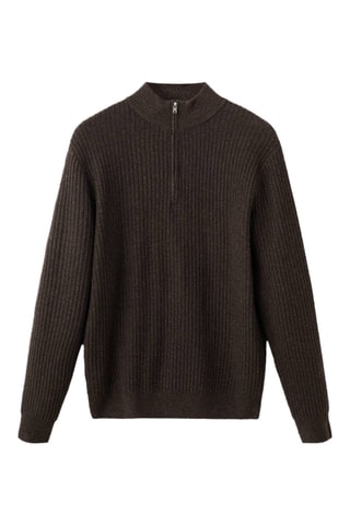 Pull-over maille côtelée col zippé - Marron