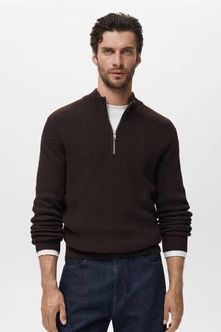 Pull 100 % coton col cheminée - Marron