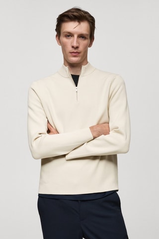 Pull-over maille moyenne col montant zippé - Blanc