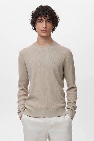 Pull coton maille fine côtelée - Beige