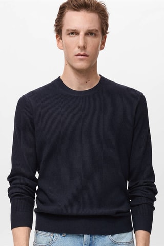 Pull coton maille fine côtelée - Bleu