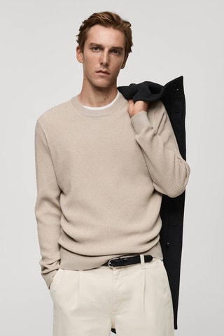 Pull coton maille fine côtelée - Beige