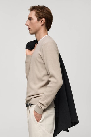 Pull coton maille fine côtelée - Beige