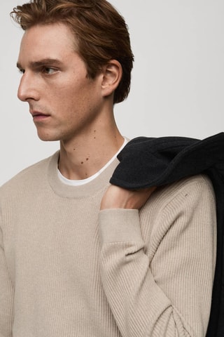 Pull coton maille fine côtelée - Beige