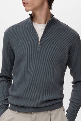 Pull-over maille côtelée col zippé - Gris