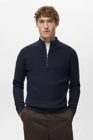 Pull-over maille côtelée col zippé - Bleu