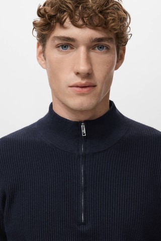 Pull-over maille côtelée col zippé - Bleu