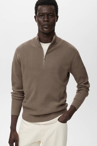 Pull-over maille côtelée col zippé - Gris