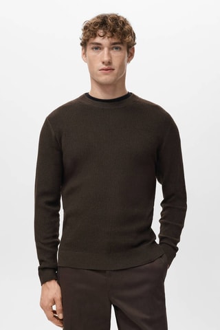 Pull coton maille fine côtelée - Marron