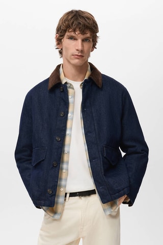 Blouson jean matelassé col velours côtelé - Bleu