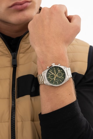 Stalen Quartz Horloge Grand Prix - Chronograaf en Tachymeter - Zilverkleurig en Donkergroen