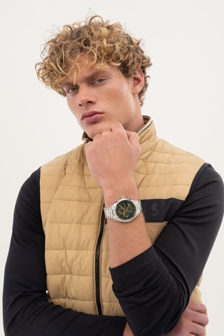 Stalen Quartz Horloge Grand Prix - Chronograaf en Tachymeter - Zilverkleurig en Donkergroen