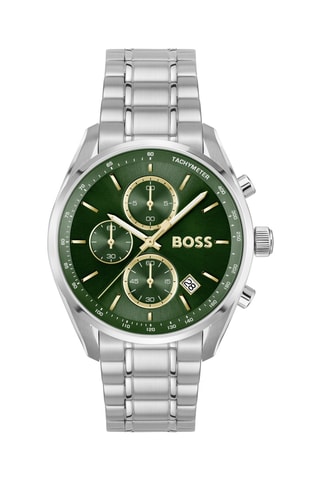 Stalen Quartz Horloge Grand Prix - Chronograaf en Tachymeter - Zilverkleurig en Donkergroen