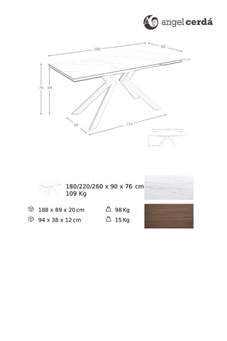 Table à manger extensible en marbre de porcelaine - 180/260 x 90 x 76 cm