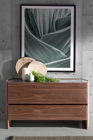 Commode 3 tiroirs en bois plaqué noyer et verre - 150 x 83 x 57 cm
