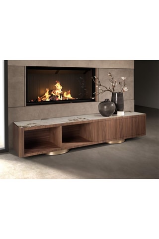 Meuble TV 2 tiroirs en porcelaine et noyer - 200 x 45 x 42 cm