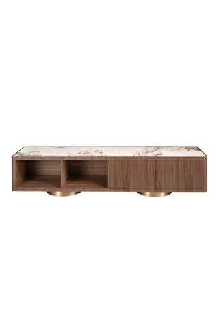 Meuble TV 2 tiroirs en porcelaine et noyer - 200 x 45 x 42 cm