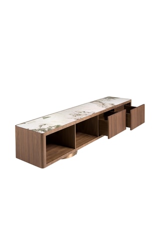 Meuble TV 2 tiroirs en porcelaine et noyer - 200 x 45 x 42 cm